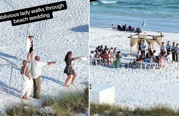 Furious debate erupts after old lady walked through wedding on a beach