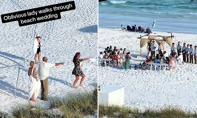 Furious debate erupts after old lady walked through wedding on a beach