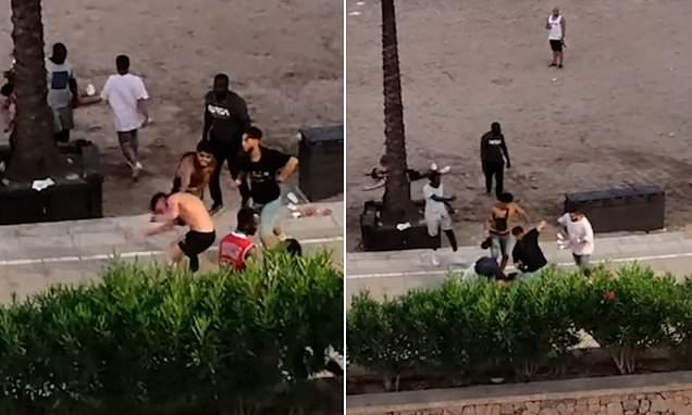 Moment Brits in Ibiza get into mass brawl with local street sellers