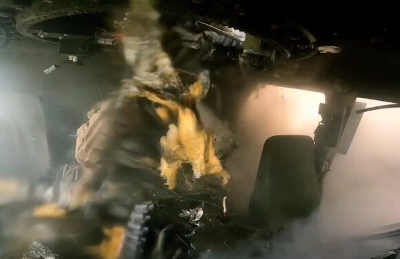 Moment Ukrainian troops inside Humvee survive landmine blast