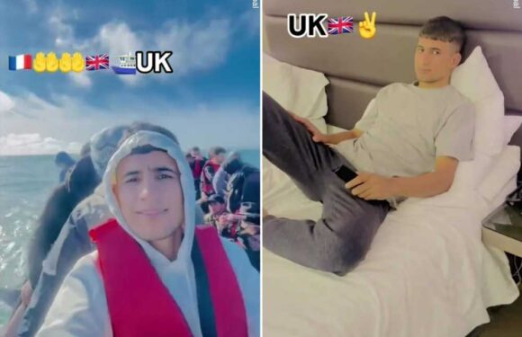 Moment asylum seeker laughs with pals on tiny dinghy before filming himself watching TV in luxury hotel | The Sun