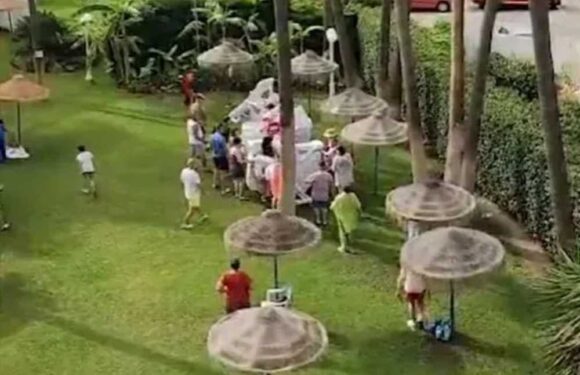 Moment holidaymakers wait for referee to blow whistle before battling each other in frantic race to claim sunbeds | The Sun