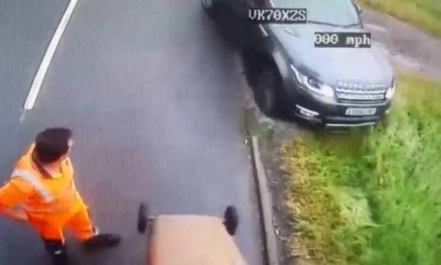 Moment impatient driver's attempt to overtake bin lorry backfires
