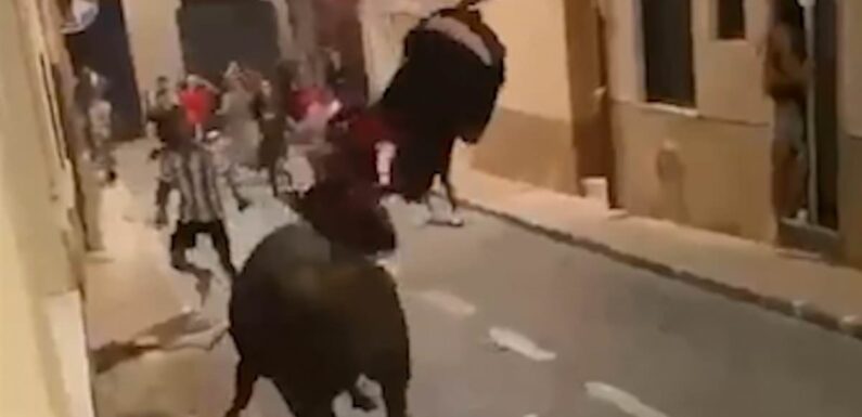 Moment raging bull tramples and gores teenager around Spanish street