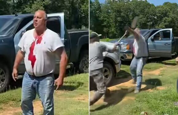 Redneck gets beaten by wooden block and shovel in shocking brawl