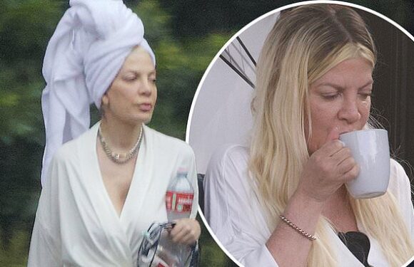Tori Spelling enjoys an early morning cup of coffee at RV park