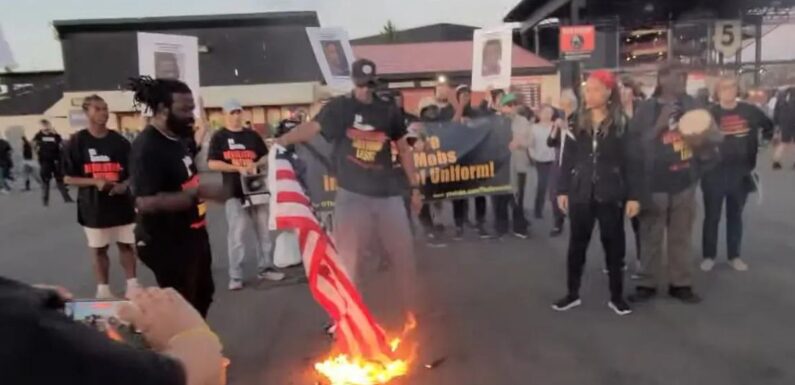 Communist revolutionaries burn American flags in protest at controversial singer