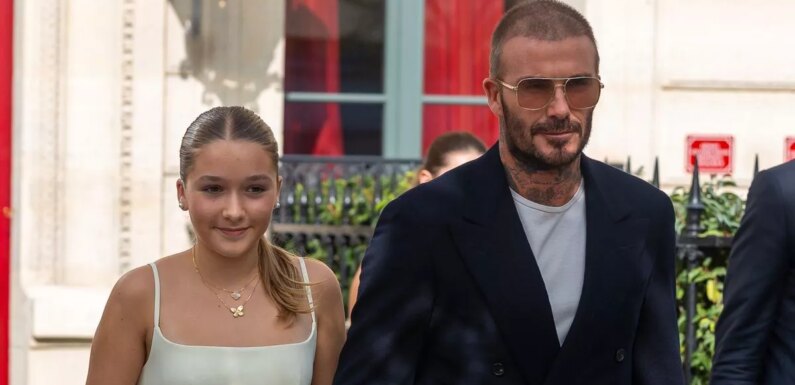 Harper Beckham, 12, follows in Victoria’s fashion footsteps in white dress and £840 heels