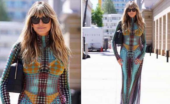 Heidi Klum flaunts curves bikini print dress as she arrives at AGT studio