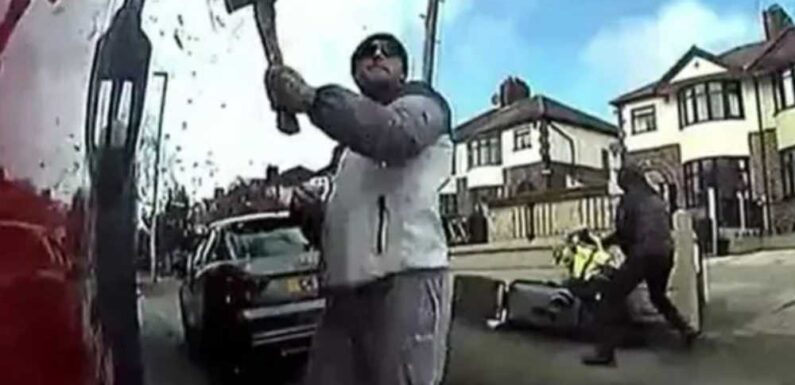 Horrifying moment hammer-wielding thugs violently attack bin men before flinging stop sign at vehicle as workers flee | The Sun
