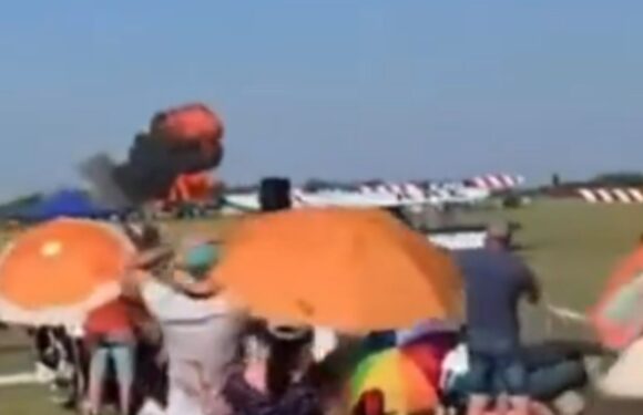 Horror moment plane crash kills two onboard after aircraft plunges to the ground in fireball at airshow | The Sun