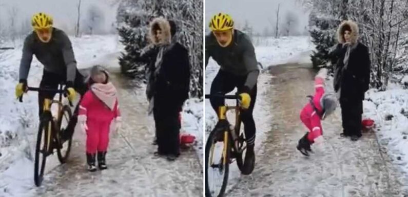 Infamous cyclist who kneed girl, 5, in back and knocked her into snow WINS lawsuit against her dad over viral video | The Sun