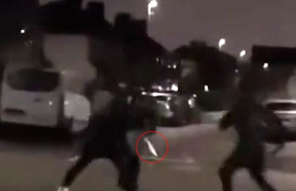 Moment blade brawl breaks out with 'two knifemen fighting one person'