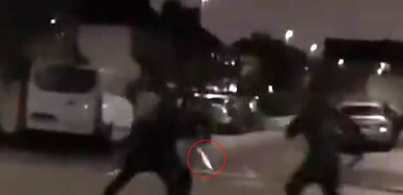 Moment blade brawl breaks out with 'two knifemen fighting one person'