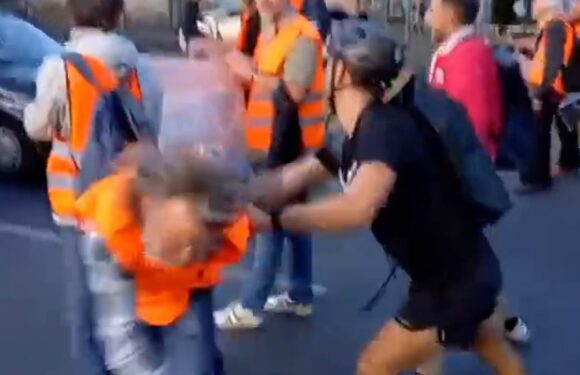 Moment driver loses patience and starts dragging eco clowns in Berlin