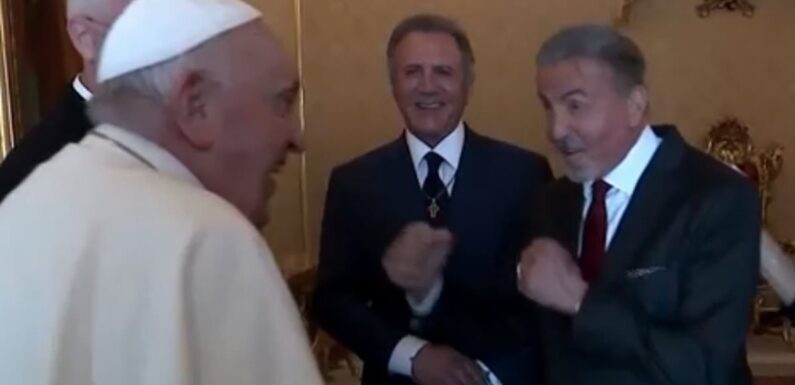 Stallone shadow boxes with the Pope as he takes  family to the Vatican