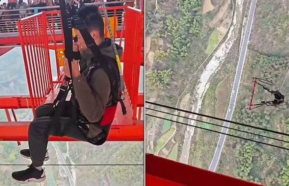 Watch the moment a man makes a stomach-churning drop from midair