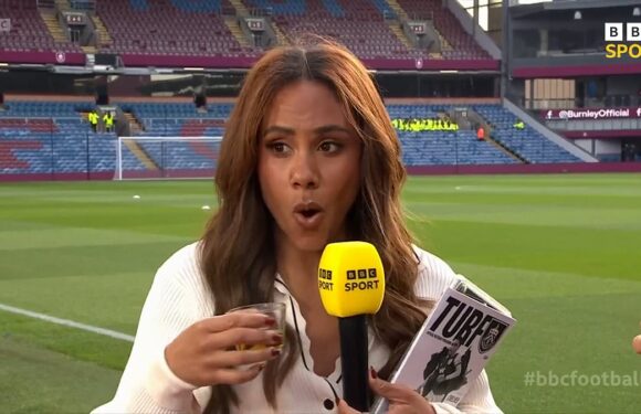 Alex Scott gets the booze as she drinks live on BBC Football Focus