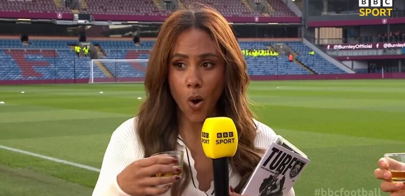 Alex Scott gets the booze as she drinks live on BBC Football Focus