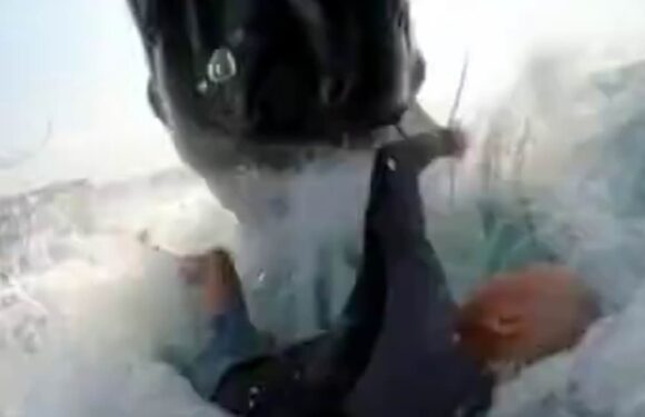 Astonishing moment humpback whale lands on a wing foil surfer