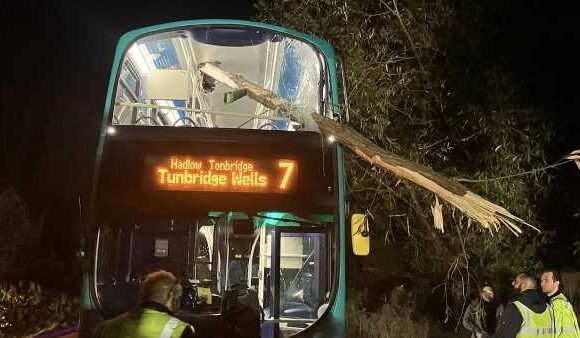 Horror as tree branch rips through double-decker bus and impales seat
