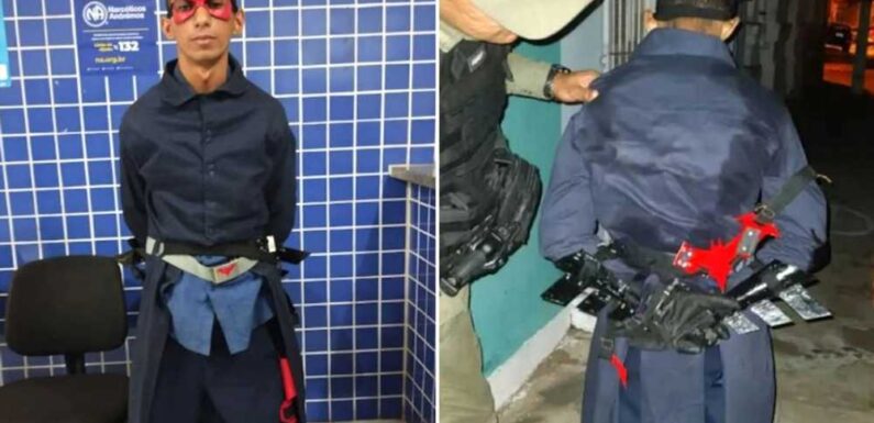Moment cops arrest murder bid suspect dubbed The Punisher in SUPERHERO costume with Batman-style blades & utility belt | The Sun
