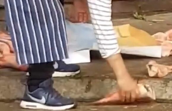 Moment fishmonger throws frozen seafood down onto the pavement
