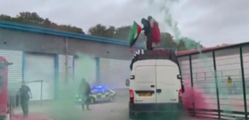 Moment pro-Palestine protesters invade drone factory in Leicester