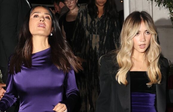 Salma Hayek and her daughter Valentina, 16, twin in purple outfits
