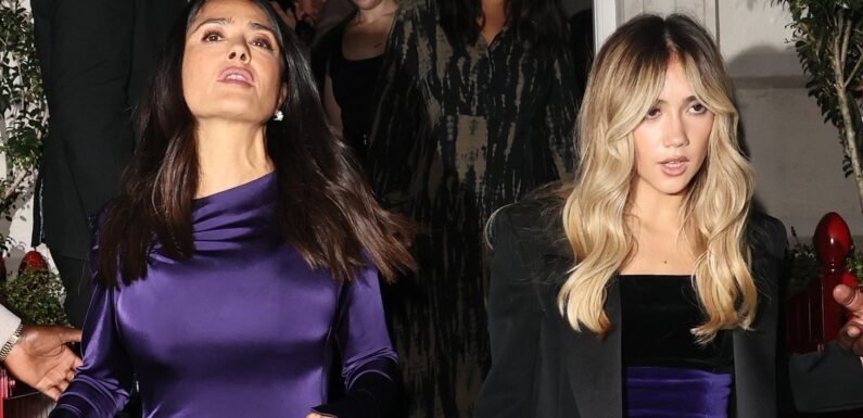 Salma Hayek and her daughter Valentina, 16, twin in purple outfits