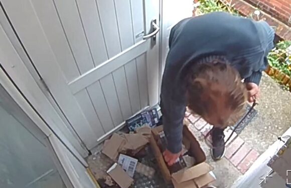 Shocking moment porch pirate rips open and steals £200 parcel
