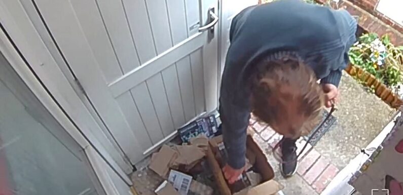 Shocking moment porch pirate rips open and steals £200 parcel