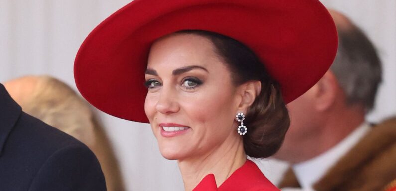 Kate Middleton ravishing in red designer cape with statement bow as she and William arrive at Horse Guards Parade