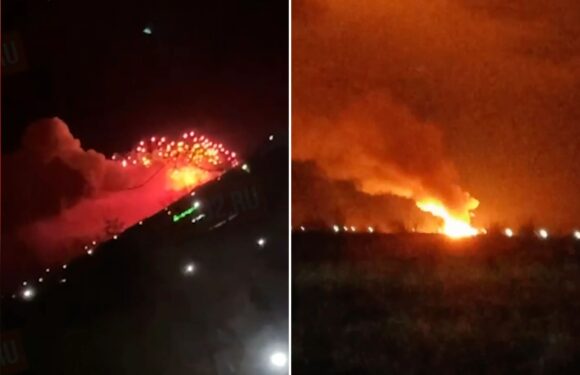 Mystery as huge blast at Russian ammunition base storing Putin's missiles sparks inferno sending hundreds fleeing | The Sun