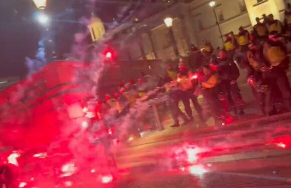 Protesters throw fireworks at police officers in London