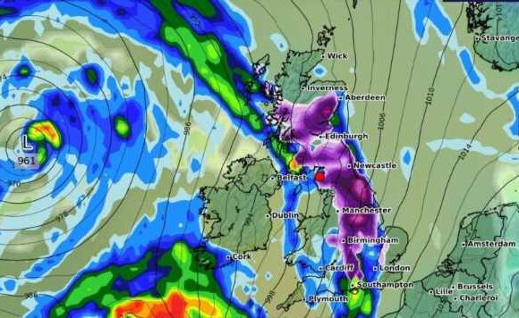 Weather maps show UK barely visible under 560-mile blanket of snow and rain