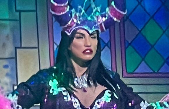 Katie Price nearly suffers a wardrobe malfunction in panto