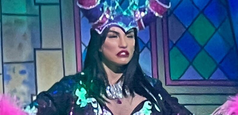 Katie Price nearly suffers a wardrobe malfunction in panto