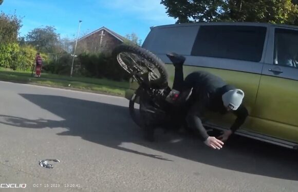 Moment drug-dealer crashes into a van while riding his suron bike