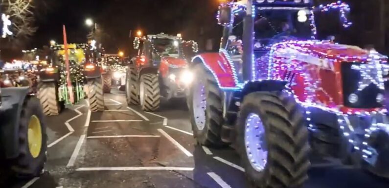 Over 100 colourful tractors covered in Christmas lights delight locals