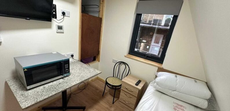 Tiny flat with microwave on a table next to bed for £1,500 a month